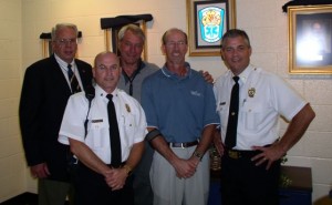 The author (short and front) with former CFEMS Fire Chiefs (L-R) Robert Eanes, Wesley Dolezel, Steve Elswick, and Paul Mauger (Himself now retired).