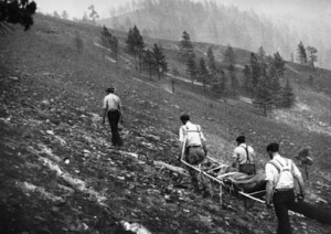 Remains of smokejumpers killed in Mann Gulch Fire being removed from the mountain.