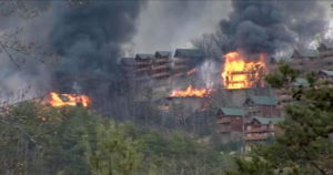 Fire destroys resort condominiums above town of Pidgeon Forge, TN.